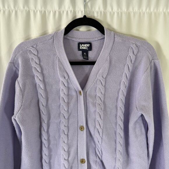 Lands End Cardigan Girls XL 14-16 Purple Cable Knit 100% Cotton Button Front - Picture 2 of 12